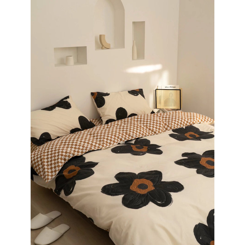 Floral Comforter Set Botanical Flower Bedding Set, Queen Comforter + 2 Standard Pillowcases, Black Flower