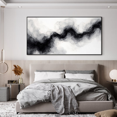 Extra Large Wall Art Fabric Print - Black And White Abstract Ink Wave Modern Living Room Decor - "Frame Assembly Required (Unfinished Frame)"
