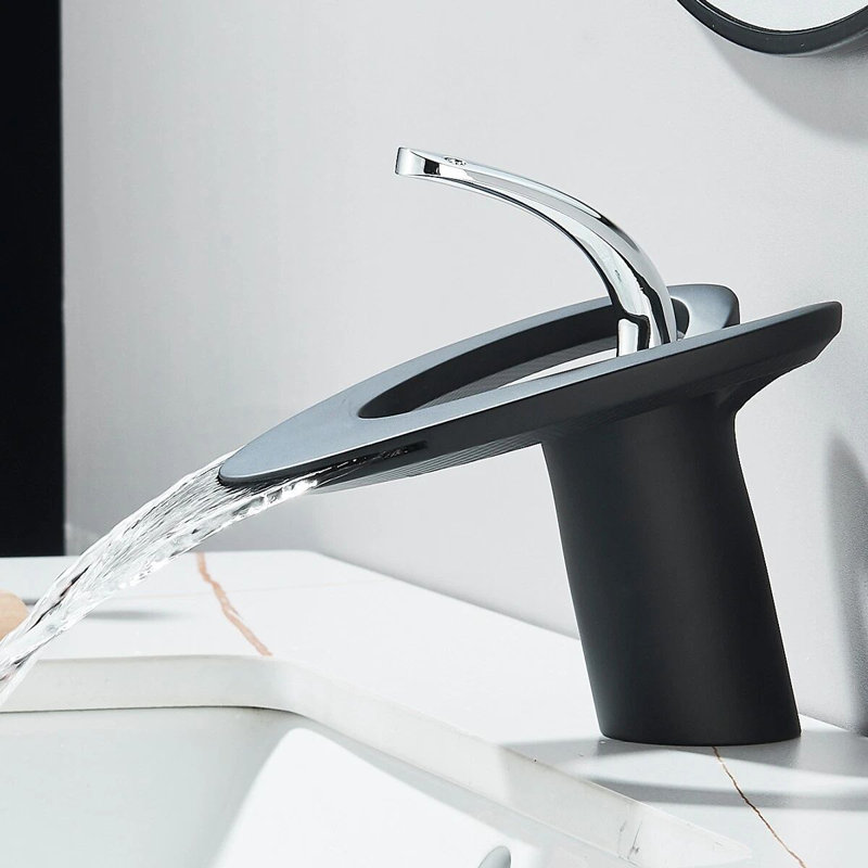 Black&Chrome Bathroom Sink Faucet Single Handle 1 Hole Vanity Mixer Waterfall Faucets