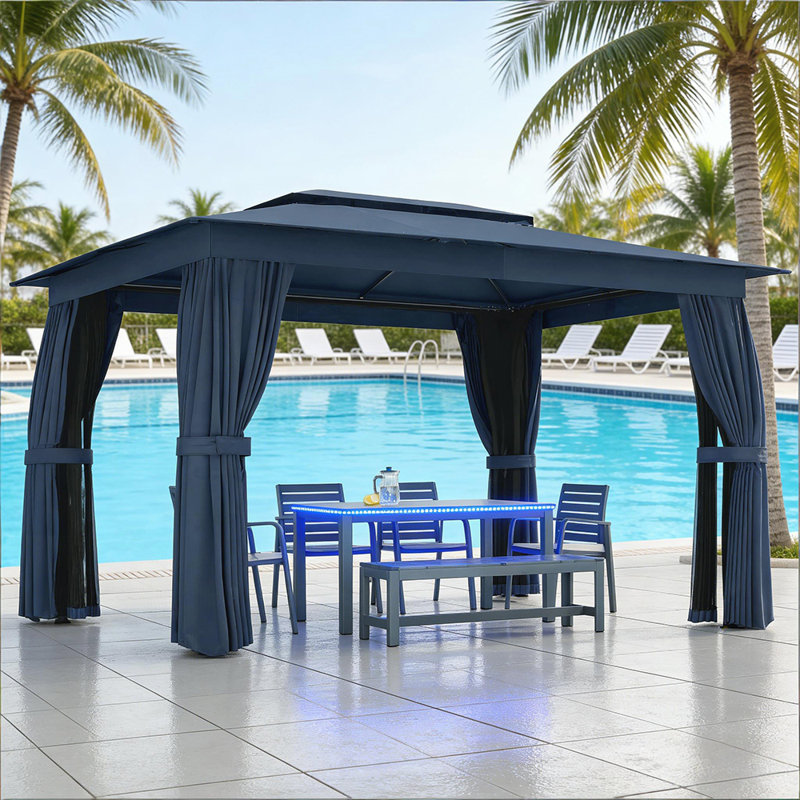 Auvent de patio en acier durable avec double toit, pavillon de jardin extérieur moderne, Bleu