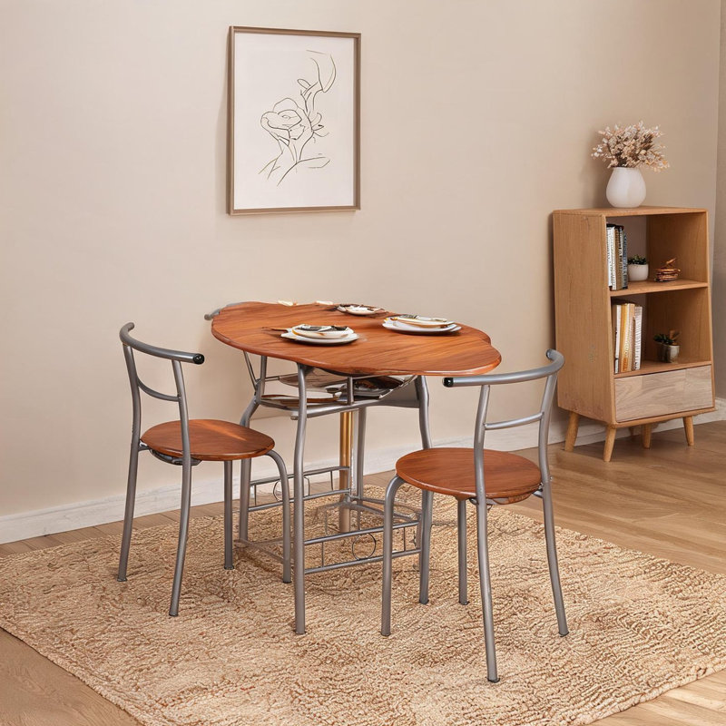 Table de petit-déjeuner classique en MDF brun et métal avec 2 chaises, design gain de place pour les petites cuisines et les coins repas