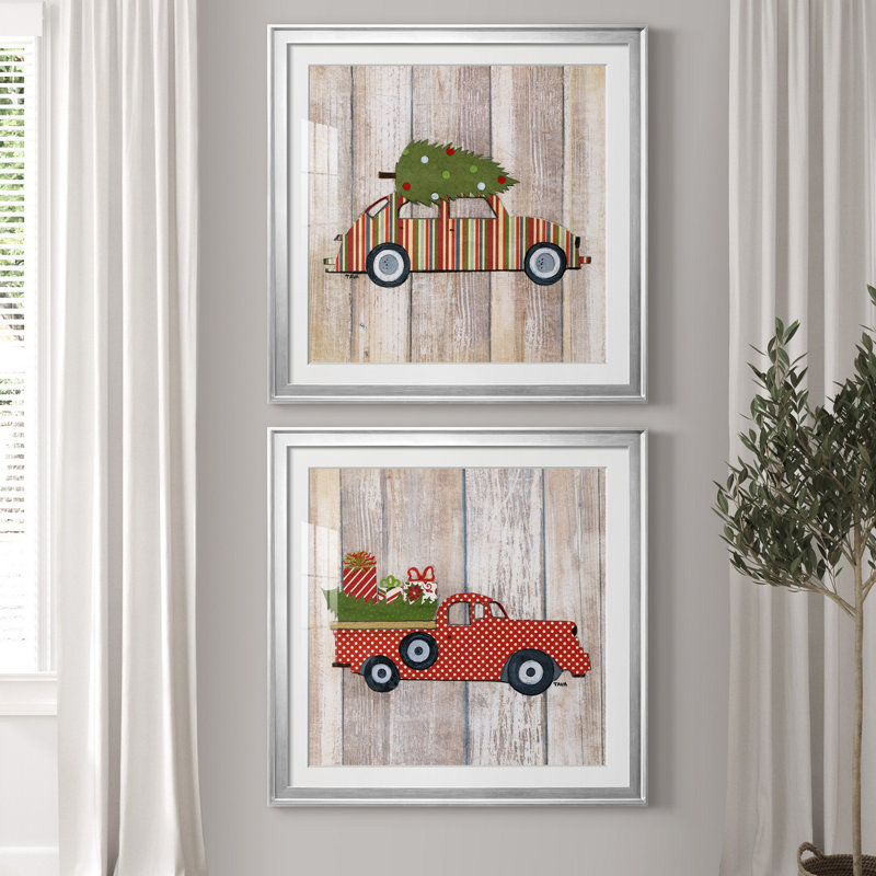 Classic Auto Christmas I - ensemble de 2 reproductions d'art encadrées, H 30,5 po x l 61 po x P 1,5 po, Blanc