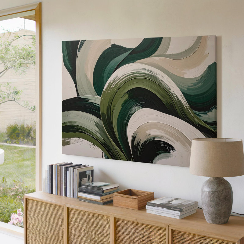 «Dynamic Green Leaves», art botanique abstrait avec coups de pinceau fluides, impression sur toile, prêt à accrocher