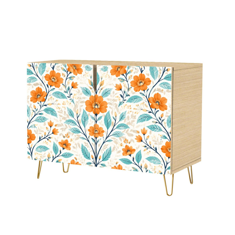 Buffet Buffet avec rangement sans couture à motif floral orange vif avec 2 portes pour le salon et la cuisine
