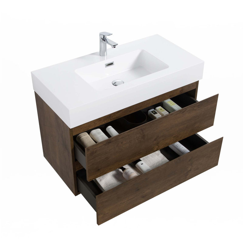 Meuble-lavabo flottant mural 36 po avec lavabo, Blanc, Noyer
