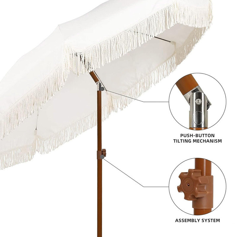 Elegant Cream 7ft Beach Umbrella with Tassel Fringe and Steel Pole