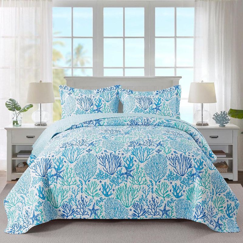 HoneiLife  Blue Coral  Blended Bedspread 3-Piece King Size Quilt Sets, KING, sea blue