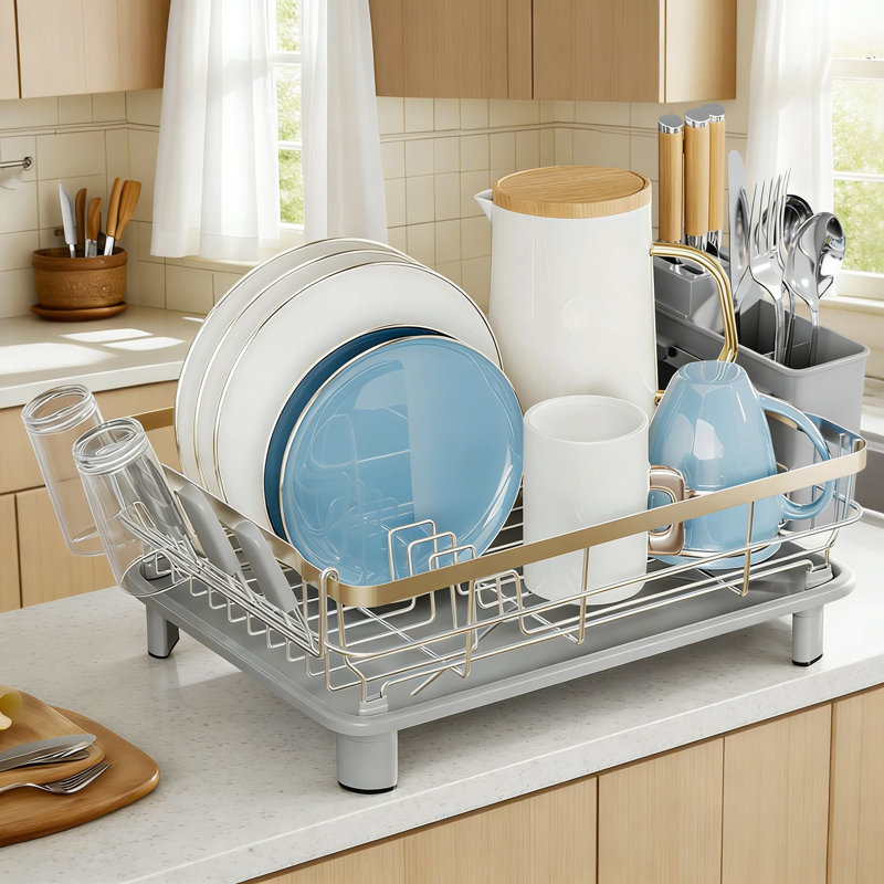 Stainless Steel Dish Drying Rack With Removable Utensil Holder, Drainboard And Glass Organizer - Space Saving Kitchen Countertop Dish Rack For Efficient Drainage