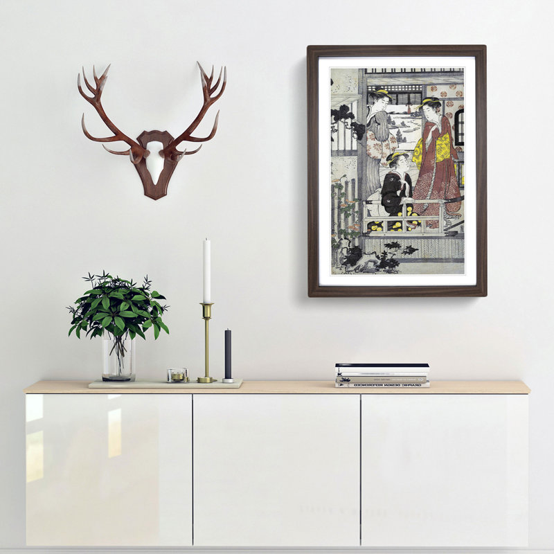 Three Women on a Veranda by Chobunsai Eishi - Picture Frame Painting Print, 36cm H x 27cm W x 2cm D, Walnut Framed