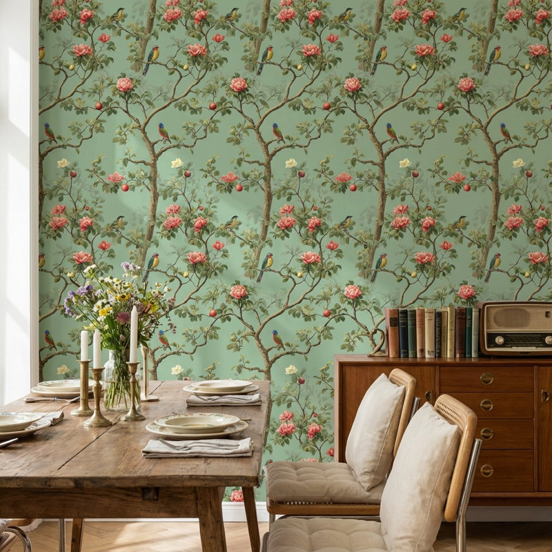 Papier peint floral avec oiseaux