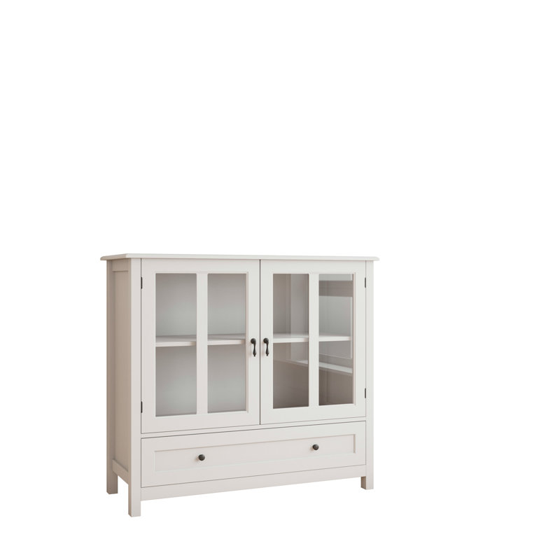 Modern Wooden Accent Cabinet, Storage Cabinet with Double Glass Doors and Unique Bell Handle