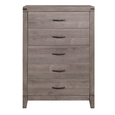 Commode de chambre à coucher à finition brun gris 1 pièce avec 5 tiroirs en mélamine laminée et métal foncé
