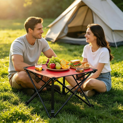 Red 18.5" Portable Folding Camping Table with 2 Cup Holders, Lightweight Oxford Fabric Outdoor Side Table with Carry Bag