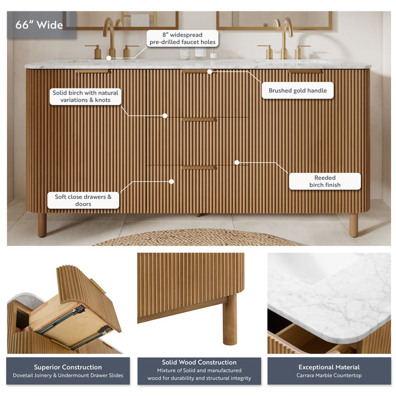 66" Double Bathroom Vanity In Light Reeded Birch