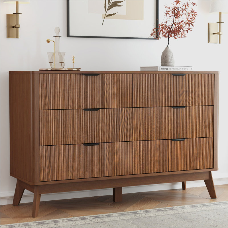 Commode cannelée de grande capacité à 6 tiroirs cannelés, 49,6 po de largeur avec poignée en métal, Brun
