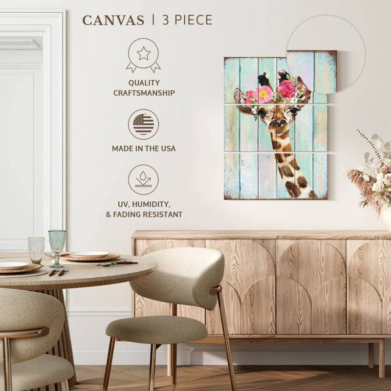 Girafe, couronne florale sur toile 3 pièces par Daisy A, H 32 po x l 20 po x P 1,25 po