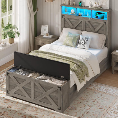Twin Farmhouse Metal Wood Bed with X Barn Door, RGB LED Headboard, Charging Station & Storage Ottoman