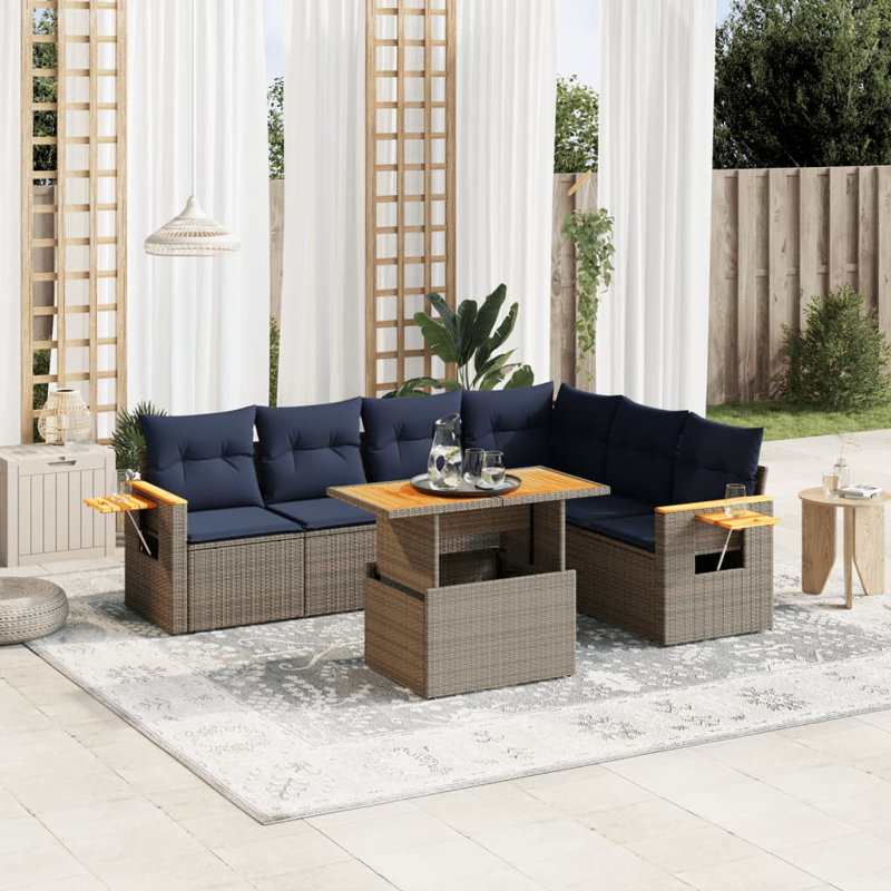  Ensemble de canapé de patio 7 pièces avec coussins en rotin de polyester, Gris, Bleu
