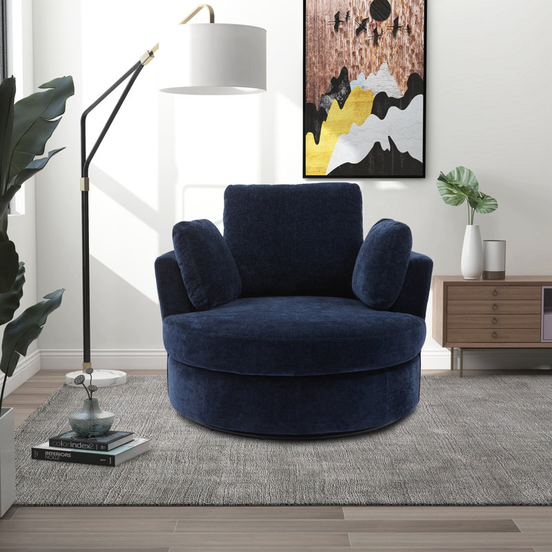 Achorn 42" W Recessed Arm Slipcovered Swivel Barrel Chair, Navy Chenille 1