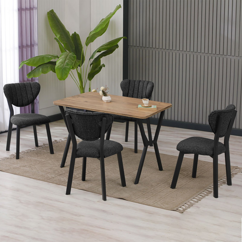Ensemble de table et chaises de salle à manger extensible Modern (5 pièces), anthracite et noyer | Table en carton 100% enduit de mélamine, table: 43,3 po x 29,1 po x 29,1 po | Chaises à structure en métal avec tissu en lin, parfaites pour les salles à manger industrielles