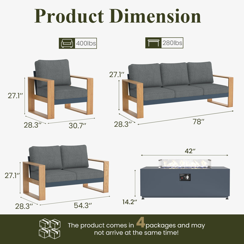  5 Pieces Aluminum Patio Furniture Set With Fire Pit Table, Oversized Seat With Hight Back Outdoor Conversation Sets
