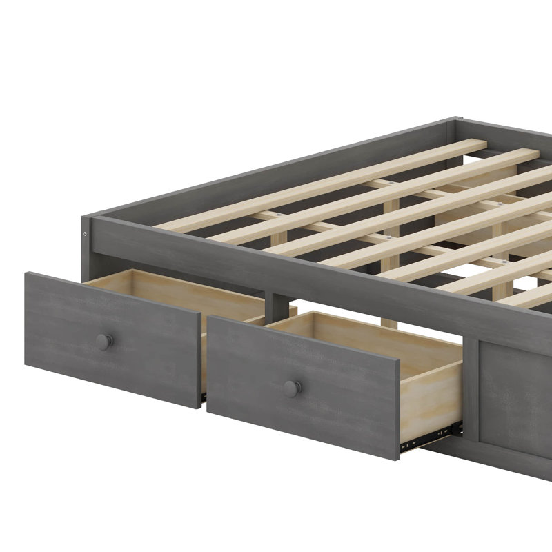 Grand lit plateforme en bois avec 4 tiroirs sous le lit et rangement hydraulique au pied du lit, Gris antique