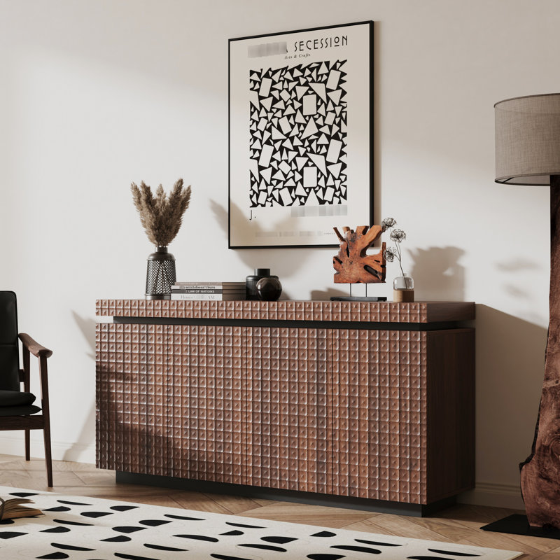 Buffet brun à 4 portes avec tablettes à plusieurs niveaux, portes pliantes et finition texturée pour le couloir du salon, rangement moderne à double usage de 58,3 po de largeur, esthétique contemporaine