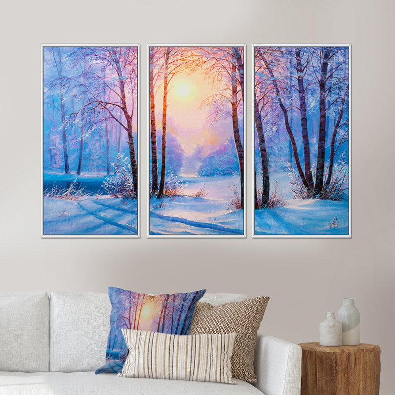 «Warm Sunshine Reflection over Winter Forest River III», reproduction de photo sur toile 3 pièces, H 20 po x l 36 po, Blanc