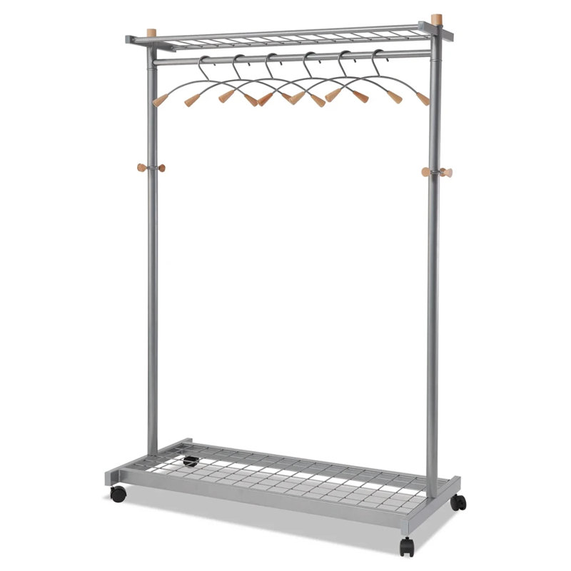 70.9'' Silver and Wood Mobile Coat Rack with Shelves