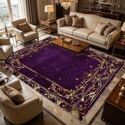 1PC Vintage Purple Starry Gold Baroque Scroll area rugs for Living Room, Soft, All seasons, Easy-maintain, Washable Indoor mat, Farmhouse suitable for Dining Table, Bedroom, Study, Entryway, Kitchen, Home Office, Home Decor, Outdoor Decor.