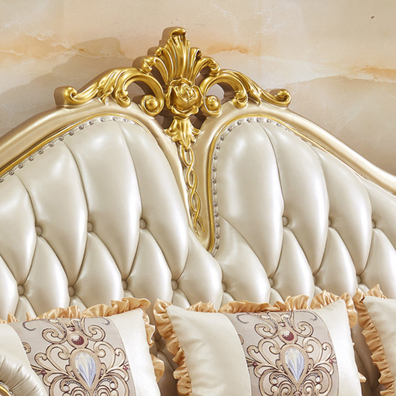 European Leather Champagne Solid Wood Sofa 89.7'' Leather Sofa