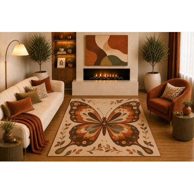Tapis ultra-léger 152 x 213 cm (5' x 7') à motif papillon, style bohème vintage, couleur rouille, marron et crème, idéal pour le salon, la chambre, la salle à manger ou le bureau. Dos en silicone antidérapant. Poils courts.