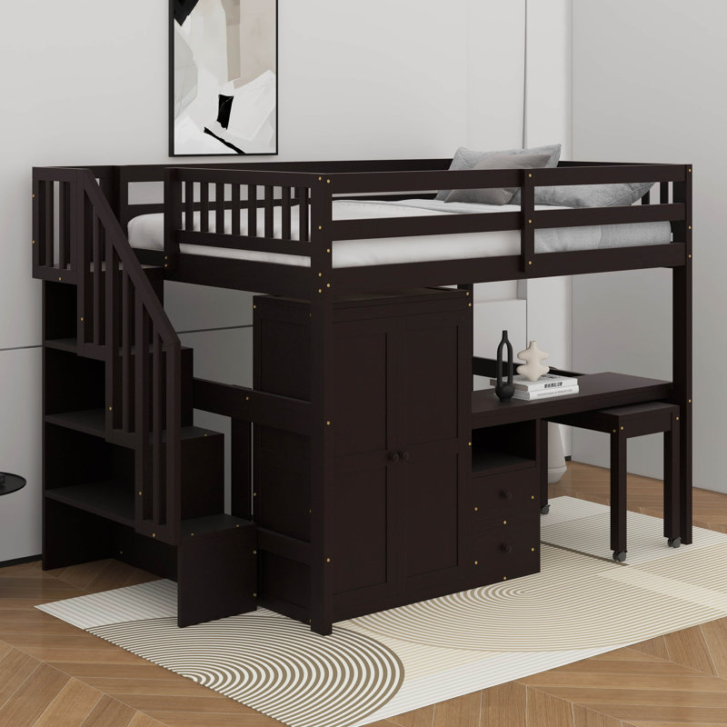 Lit mezzanine double avec escalier, tiroirs, bureau et garde-robe, Lit double, Espresso