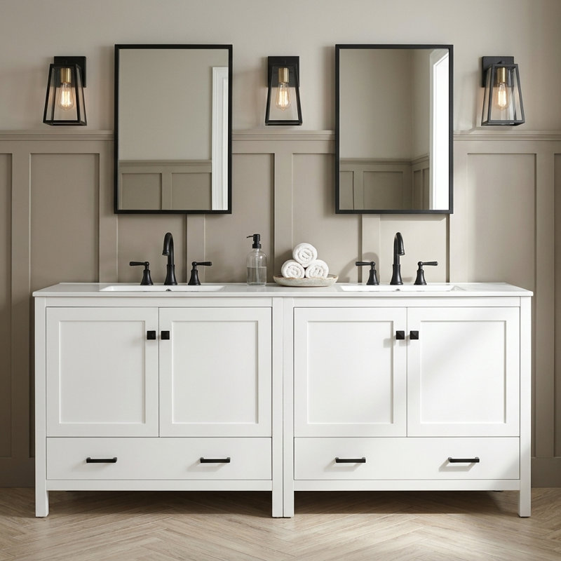 Ensemble de meuble-lavabo double 72 po avec porte intégrée et tiroirs divisés, structure en bois massif et lavabo en céramique (blanc)