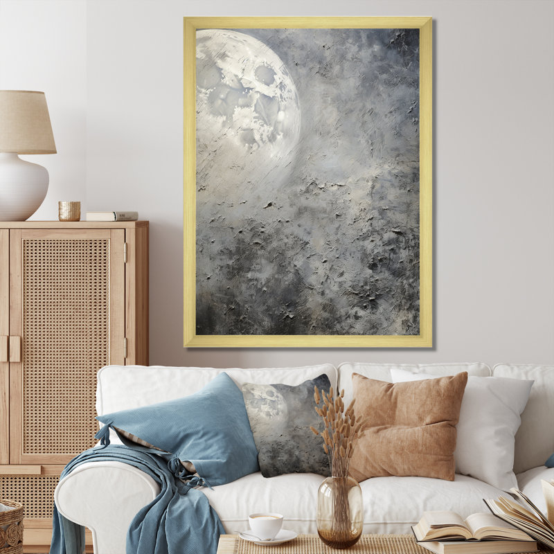 Minimalisme, lune grise, surface 4 - Tachisme, art mural, H 20 po x l 12 po x P 1 po, Cadre doré simple