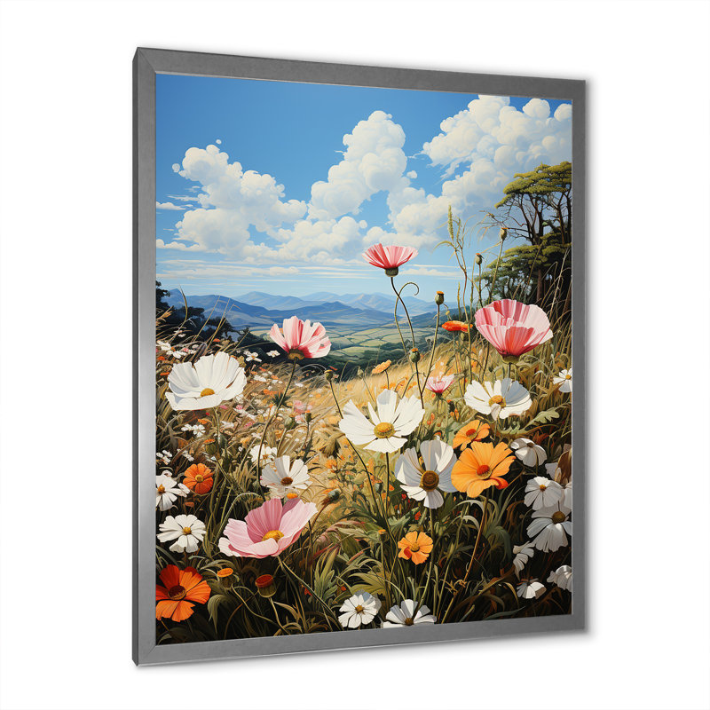 «White Pink Wildflowers Wonder», reproduction sur toile encadrée, Cadre simple argenté, H 40 po x l 30 po x P 1,5 po