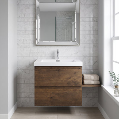Meuble-lavabo mural de 61 cm (24 po) en noyer, armoire en mélamine, lavabo intégré en résine et tiroirs à fermeture amortie, entièrement assemblé.