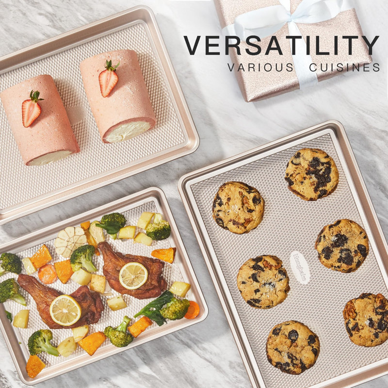 Ensemble de plaques de cuisson en acier 3 pièces naturellement non toxique, plaques à biscuits antiadhésives texturées, moules demi, quart et gelée, plats de cuisson robustes sans PTFE et PFOA