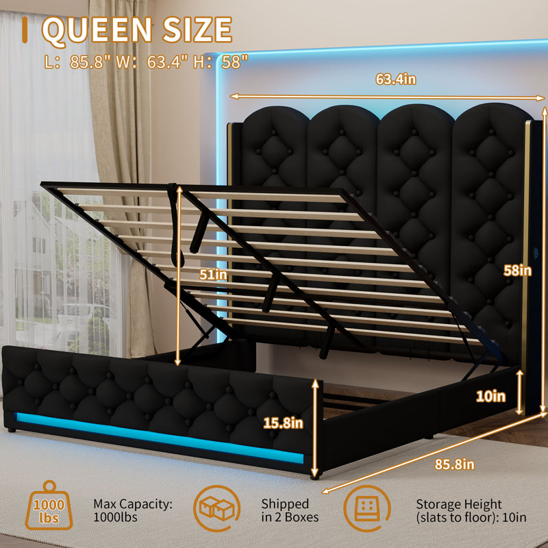 Upholstered Wingback Storage Bed,No Box Spring Needed, Black, Queen