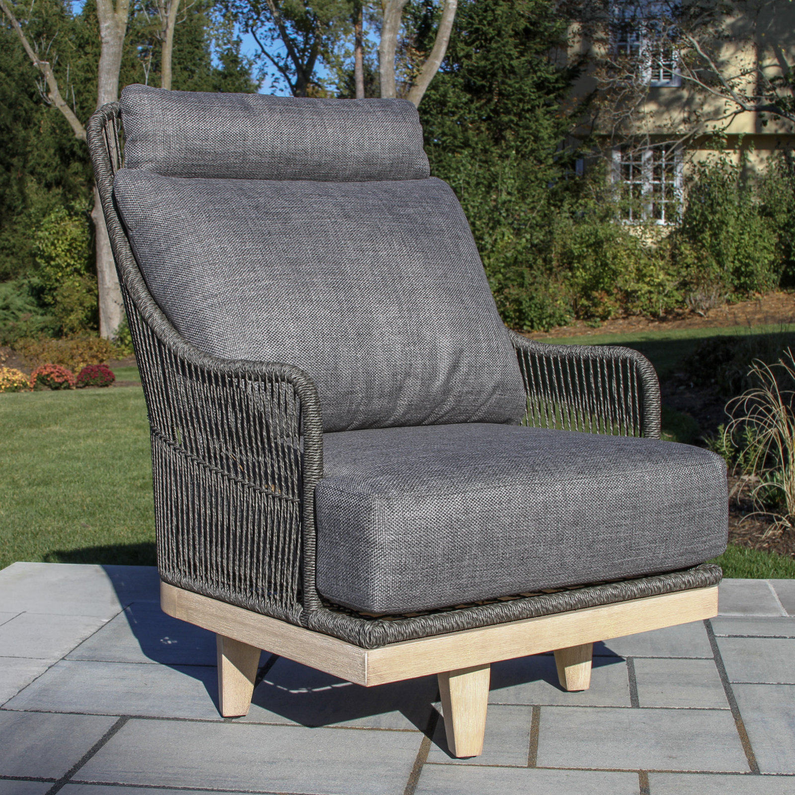 Posey Swivel Chair w Olefin Fabric, Charcoal Cushion / Gray/Natural Wood Frame