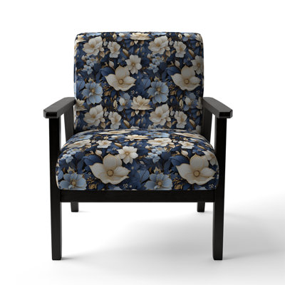 White Blue Nightfall Floral Elegance - Upholstered Farmhouse Arm Chair, Blue Accent Chair
