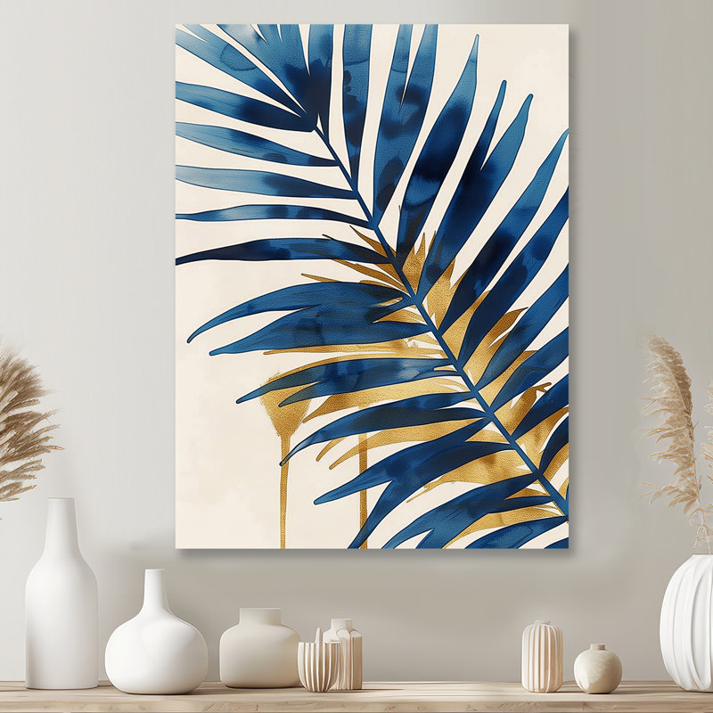 «Blue and Gold Palm Tree Leaves I» - impression d'art mural palmiers et palmiers, Brown Floater Framed, H 20 po x l 12 po