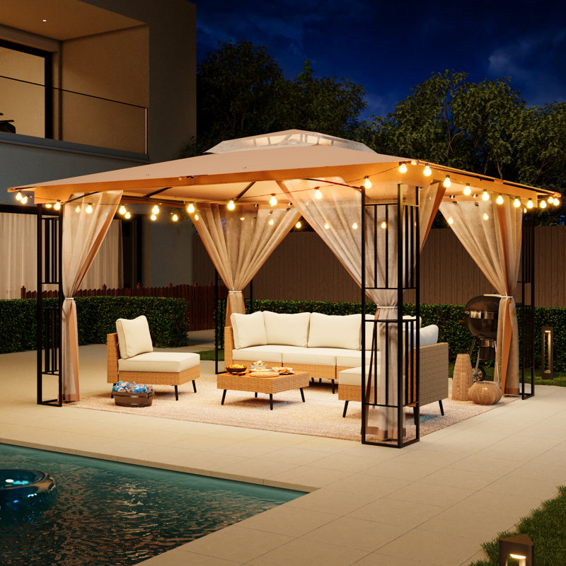 13'x11' Double-Roof Patio Gazebo with Mosquito Netting,Heavy Duty Gazebos Shelter Party Tent, Khaki