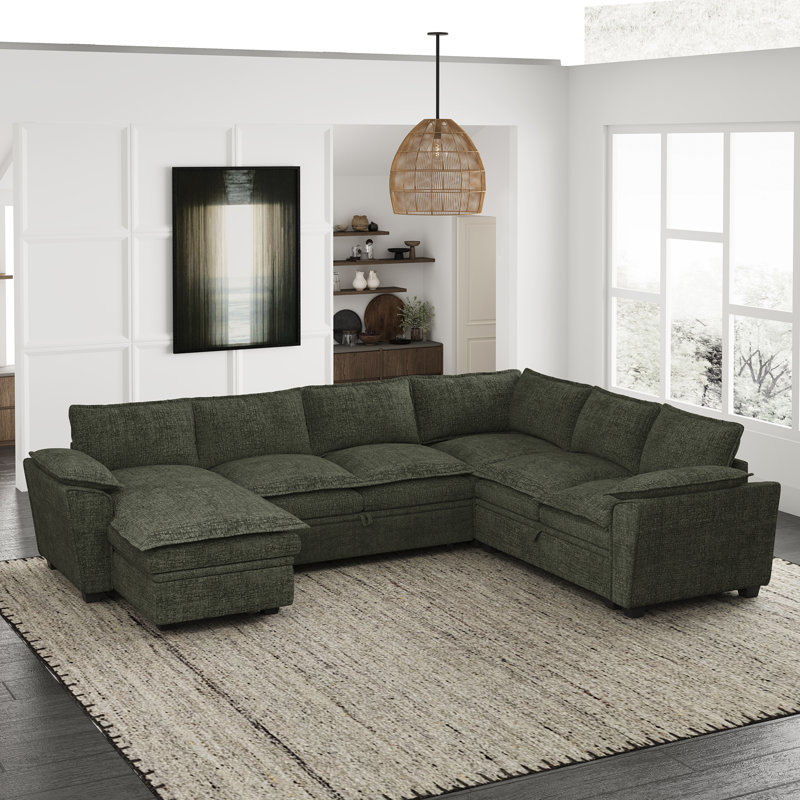 Large Chenille U-Shaped Storage Sectional Sofa King Pull Out Sofa Bed Sleeper Livingroom Bedroom Apartment Modular Couch