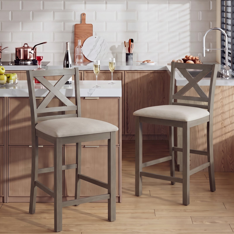 Tabouret de bar rembourré de 26 po en bois massif, Beige, Marron clair