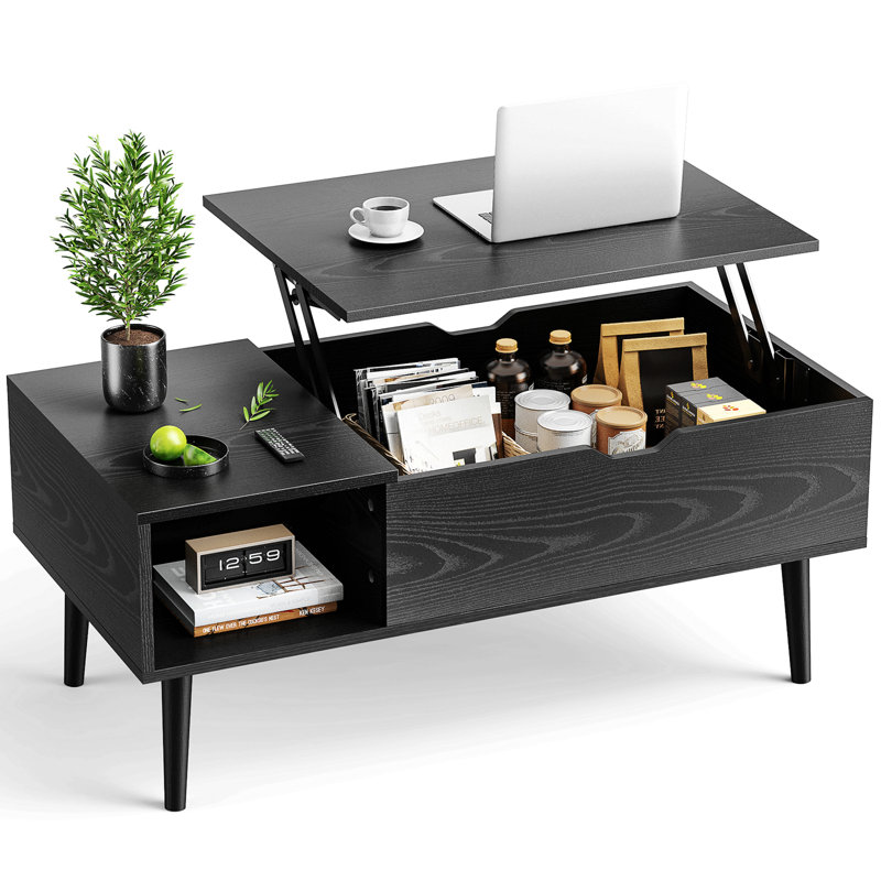 Lift Top Coffee Storage Wood Tables With Hidden Compartment, Black, Black