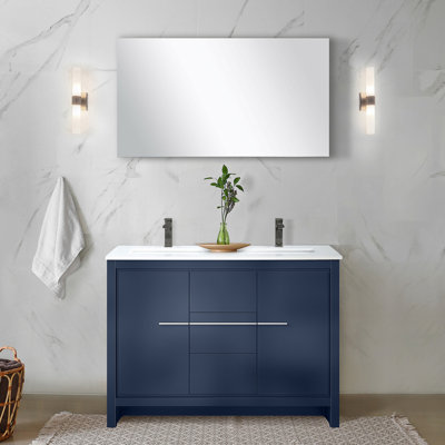 Navy Blue Double Bath Vanity 48 In. W X 20 In. D, Cultured Marble Top And Gun Metal Faucet Set