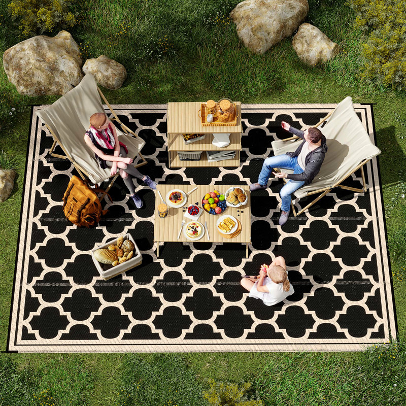 Tapis de pique-nique réversible pour camping, 2,74 m x 3,66 m, imperméable, avec sac de transport, pour jardin, terrasse, plage, en polypropylène noir.
