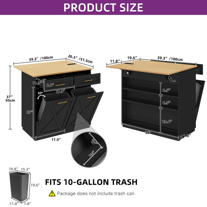 Drop Leaf Rolling Portable Kitchen Island Cart With Double Tilt Out 10 Gallon Garbage Bin Trash Can Storage Cabinet With Power Outlet And Wheels