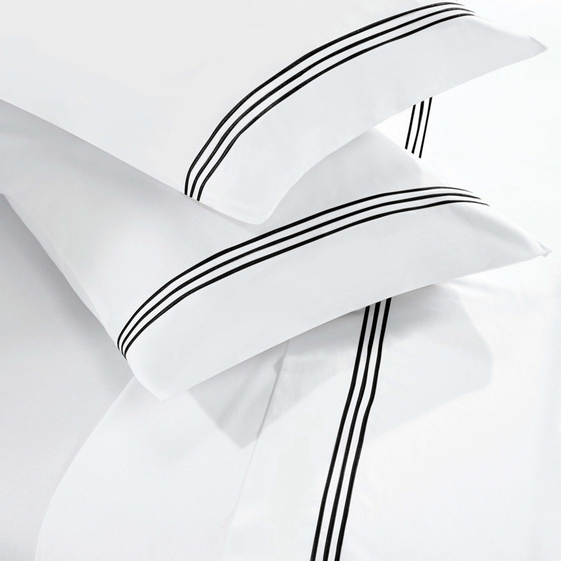 Brandon Cotton Three-Line Embroidered Deep Pocket Bed Sheet Set by Superior, White/Black, King Sheet Set with 2 Pillowcases